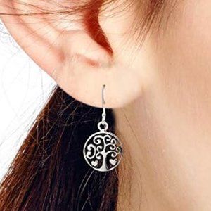 NEW 925 Sterling Silver Cirlcle Heart Tree of Life / Family Tree Dangle Earrings